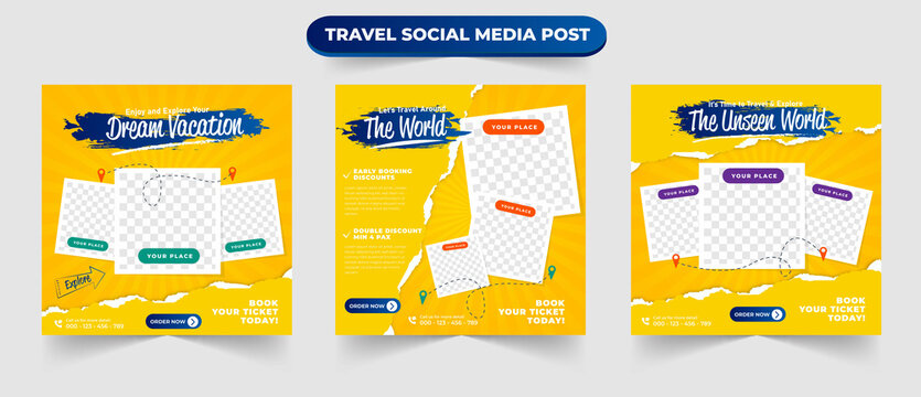 Set of journey tourism holiday sale social media post template web banner flyer or poster for travelling agency business offer promotion design