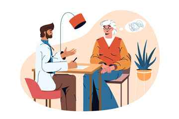 Flat psychiatrist doctor and old patient with alzheimer disease, confusion in head. Psychiatric physician help elderly woman. Treatment of dementia, mental health problems or loss of short-term memory