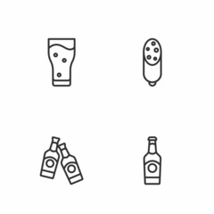 Set line Beer bottle, Glass of beer and Salami sausage icon. Vector