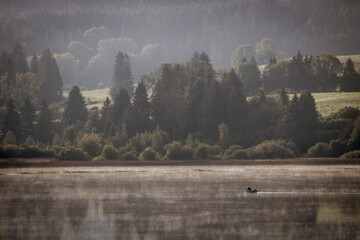 lac de Remoray ou lac Savoureux dans le Doubs en Franche-Comté un matin avec la brume et une barque