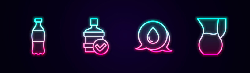 Set line Bottle of water, Big bottle with clean, Water drop speech bubbles and Jug glass. Glowing neon icon. Vector