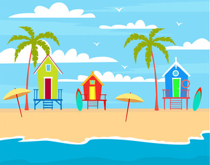 Obraz premium Illustration with beach houses on the seashore. Vacation by the sea - beach, sea, houses, palm trees, sand, sun.