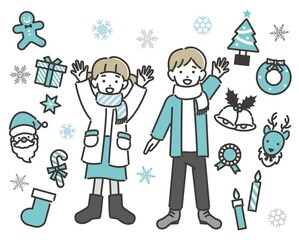 笑顔の子供とシンプルでかわいいクリスマスアイコンベクターイラスト素材／プレゼント／サンタ／素材