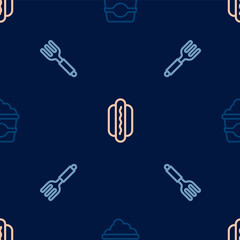 Set line Popcorn in cardboard box, Fork and Hotdog on seamless pattern. Vector