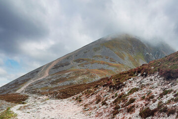 Walking path to the top of a mountain. Croagh Patrick, Westport, county Mayo, Ireland. Nobody. Low...