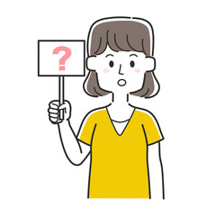 ハテナマークの書かれた札を持っている女性