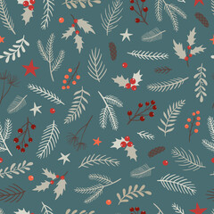 cute christmas seamless pattern decorated with floral elements on blue background. Good for wrapping paper, prints, wallpaper, scrapbooking, backgrounds, etc. 