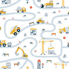 Fototapeta Cute children's seamless pattern with yellow car dump truck, crane, road, signs on white background. Illustration construction site in cartoon style for wallpaper, fabric, and textile design. Vector obraz