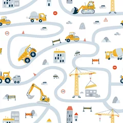 Papier Peint photo Voitures de dessin animé Cute children's seamless pattern with yellow car dump truck, crane, road, signs on white background. Illustration construction site in cartoon style for wallpaper, fabric, and textile design. Vector
