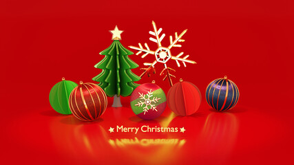 クリスマス　オーナメント　装飾品のポスター　3DCG　赤