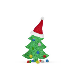 Green Christmas tree in a santa hat cut from sisal with multi-colored toy balls on and under the tree on a white background. christmas or new year card. Place to add your text. 