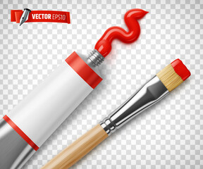 Vector realistic illustration of a red paint tube and paintbrush on a transparent background.