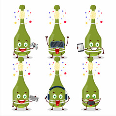 Champagne bottle open cartoon character are playing games with various cute emoticons