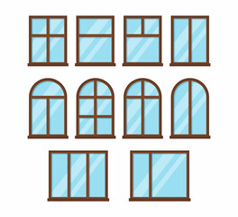 Windows set with brown frames on white background. Vector illustration