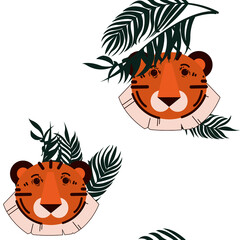 Seamless pattern with a tiger hiding in the branches of palm trees.Children's cartoon ornament.For wallpaper, textiles, clothing, toys, stationery, holidays, parties.