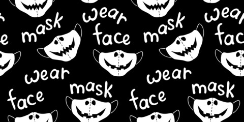 Seamless vector pattern of medical protect face masks. Halloween background and texture with lettering in flat style. Virus protection, quarantine. Covid-19 pandemic