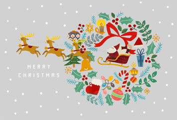 Fototapeta na wymiar 雪化粧の山と赤いお家とサンタクロースとトナカイとクリスマスリースのイラスト