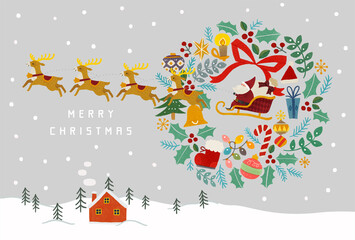 雪化粧の山と赤いお家とサンタクロースとトナカイとクリスマスリースのイラスト