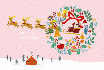 雪化粧の山と赤いお家とサンタクロースとトナカイとクリスマスリースのイラスト