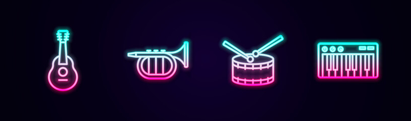 Set line Guitar, Trumpet, Drum with drum sticks and Music synthesizer. Glowing neon icon. Vector