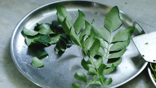 Curry leaves close up shot in a steel plate