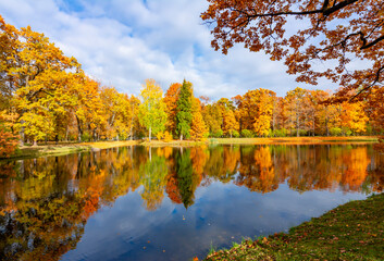 Fototapeta na wymiar Pond in Alexander park in autumn, Pushkin (Tsarskoe Selo), Saint Petersburg, Russia