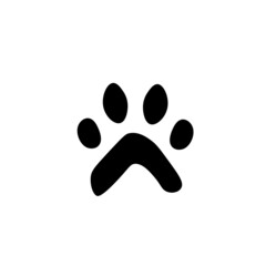 Flat cartoon animal footprint silhouette. Cat or dog foot web icon, unknown animal. Black print paw trace. Isolated vector illustration. Trendy style design