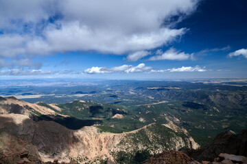 Scenic view of Pikes Peak Summit National Forest Park Peak, Mountain Landscape with Clouds in Colorado Springs