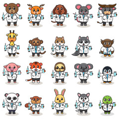 Obraz premium Vector illustration of Cute Character Cartoon of Animal Doctor with Vaccine. Good for label, sticker, clipart. white isolated background