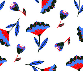 Abstract Hand Drawing Folk Tile Ethnic Boho Flowers and Leaves Seamless Vector Pattern Isolated Background