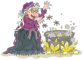 Angry hag whispering diabolical spells and preparing a black magic poison with spiders in her large cauldron, vector cartoon illustration isolated on a white background