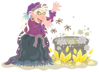 Angry Halloween witch whispering diabolical spells and cooking a black magic potion with spiders in her large cauldron, vector cartoon illustration isolated on a white background