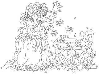 Angry Halloween witch whispering diabolical spells and cooking a black magic potion with spiders in her large cauldron, black and white vector cartoon for a coloring book page