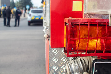 Close-up of rescue vehicles without labels or markings. Firefighters parade and rescue services....