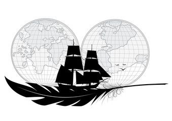 Vector illustration with tall ship, feather and map. Sea travel and maritime adventures.
