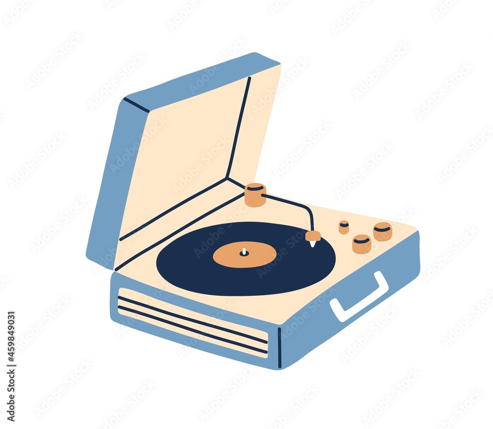Aufkleber portable turntable with vinyl playing. retro music record player in suitcase of 50s. old gramophone 