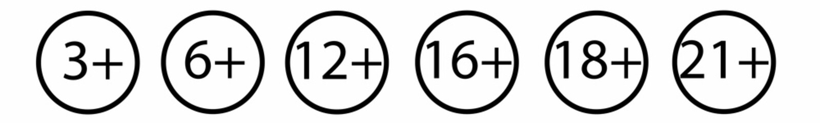 Obraz premium Set of age restriction signs. Marks age limit. Sign for the restriction of the age content. Age limit from six to twenty one. 