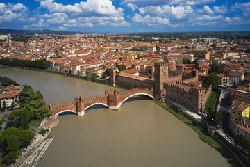 Verona, Italy aerial view of the historic city. Famous Italian Bridge aerial view. Aerial panorama...