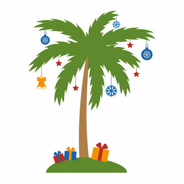 christmas palm tree with garland and gifts, color isolated vector illustration
