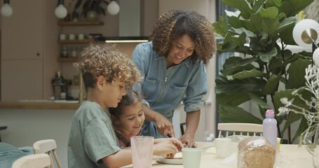 Mother making sandwiches for children at home