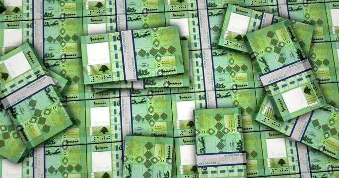Lebanon pound banknotes 3d animation. Camera view from close to long distance. LBP money packs. Concept of inflation, economy, crisis, business, banking, debt and finance.