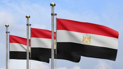 3D, Egyptian flag waving on wind. Close up of Egypt banner blowing soft silk.