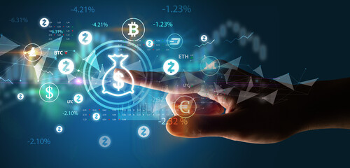 Business person hand pushing currency symbol on multimedia touch screen