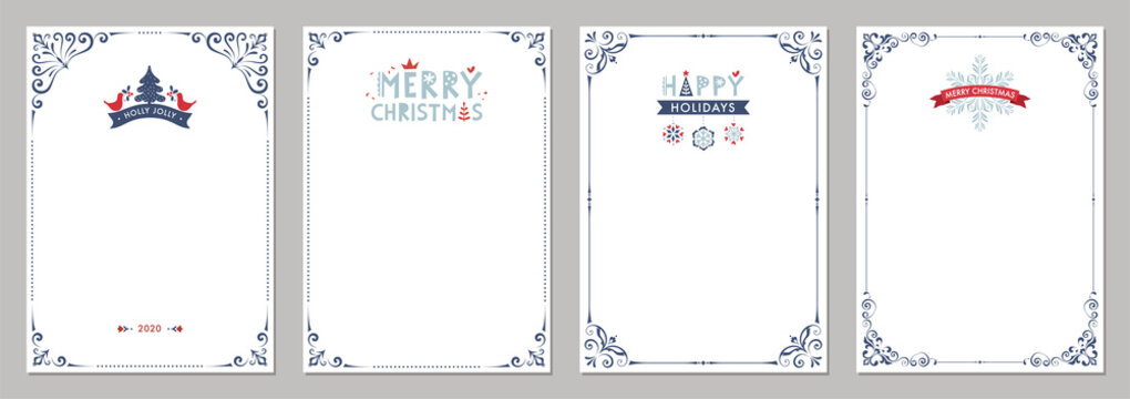 Merry Christmas greeting cards. Universal trendy business and corporate Winter Holidays art templates.