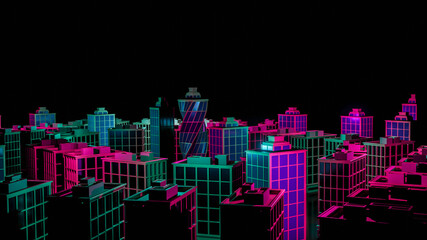 3D night city with skyscrapers with neon glow. 3d render illustration