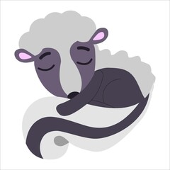 Baby skunk sleeping and smiling isolated. Black, violet grey and pink. Flat cartoon style. Cute and funny. Animal character. Graphic children design. Nature and ecology. Post card, poster, print