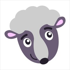 Baby skunk head smiling isolated. Eyes opened. Black, violet grey and pink. Flat cartoon style. Cute and funny. Animal character. Graphic children design. Nature and ecology. Post card, poster, print