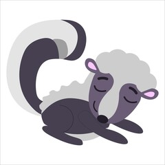 Baby skunk sleeping and smiling isolated. Black, violet grey and pink. Flat cartoon style. Cute and funny. Animal character. Graphic children design. Nature and ecology. Post card, poster, print