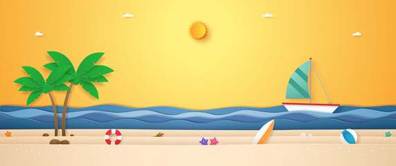 Landscape of boat sailing on wavy sea, summer stuff and coconut tree on beach with bright sun in sunshine sky for Summer in paper art style