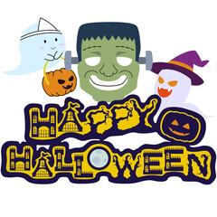 Fototapeta premium ハロウィンのロゴとフランケンシュタインとゴーストのイラスト